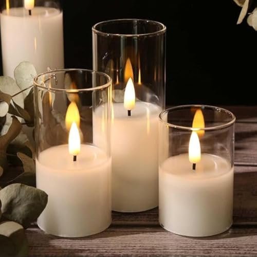 Mado gallery LED Candles Glass with dancing flameless & Battery Operated set of 3 pieces in one box with golden or clear colors, real wax and real feel of artificial candle flames (Clear Color)