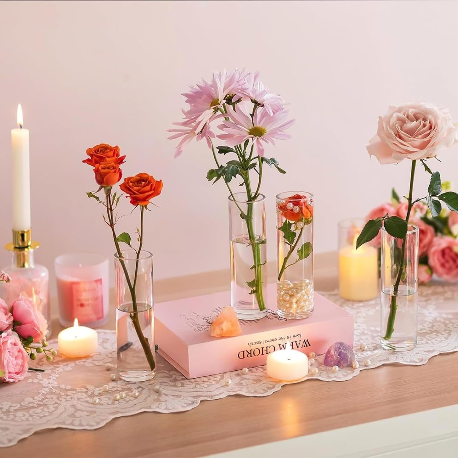Mado Gallery Clear Cylinder Glass Vase, Single Size (5×20CM, 5×25CM, 5×30CM) – Tall Vase for Flowers, Floating or Pillar Candles, Ideal for Home & Wedding Decor (Box Of 1 Piece, 5 CM (D) x 20 CM (H))