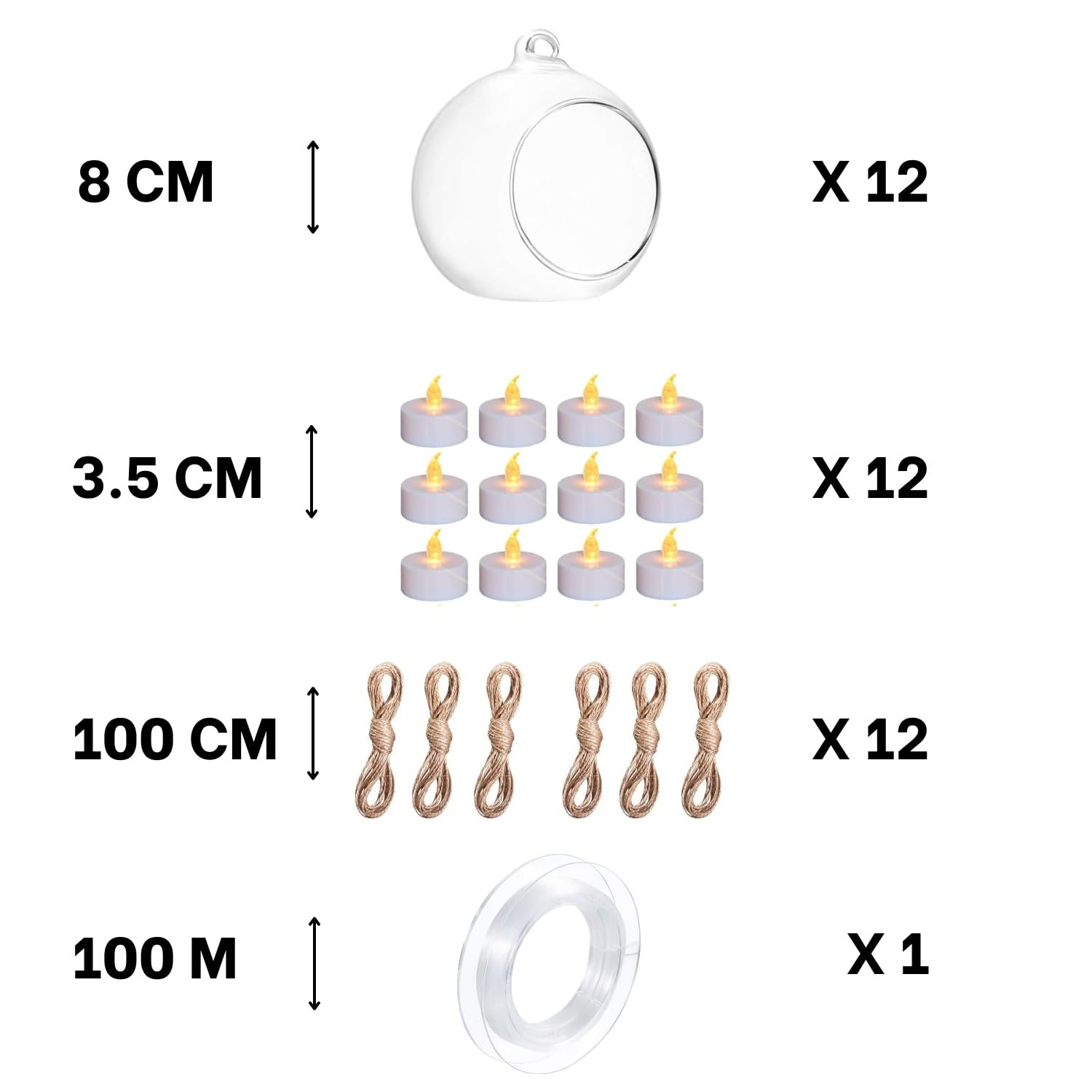 Hanging Glass Globe Candle Holder Set with Tealights, Jute & Fish Wire – 12 Pieces | Mado Gallery