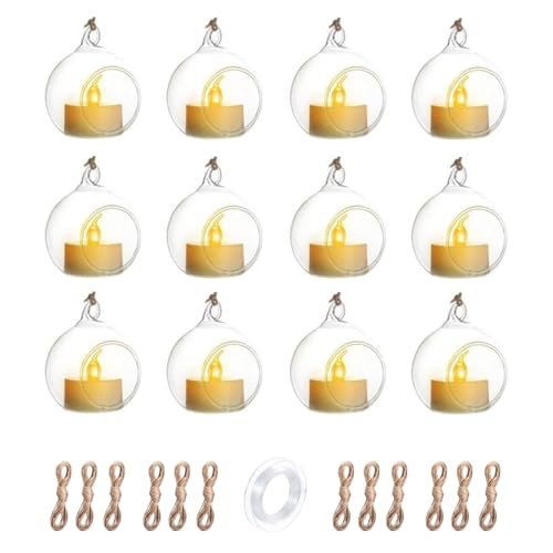 Hanging Glass Globe Candle Holder Set with Tealights, Jute & Fish Wire – 12 Pieces | Mado Gallery