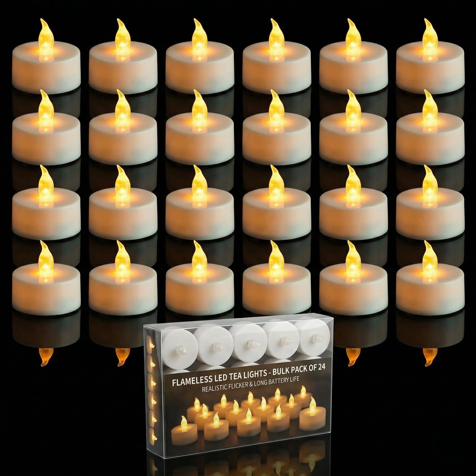 Warm White Flameless LED Tea Lights – Pack of 24